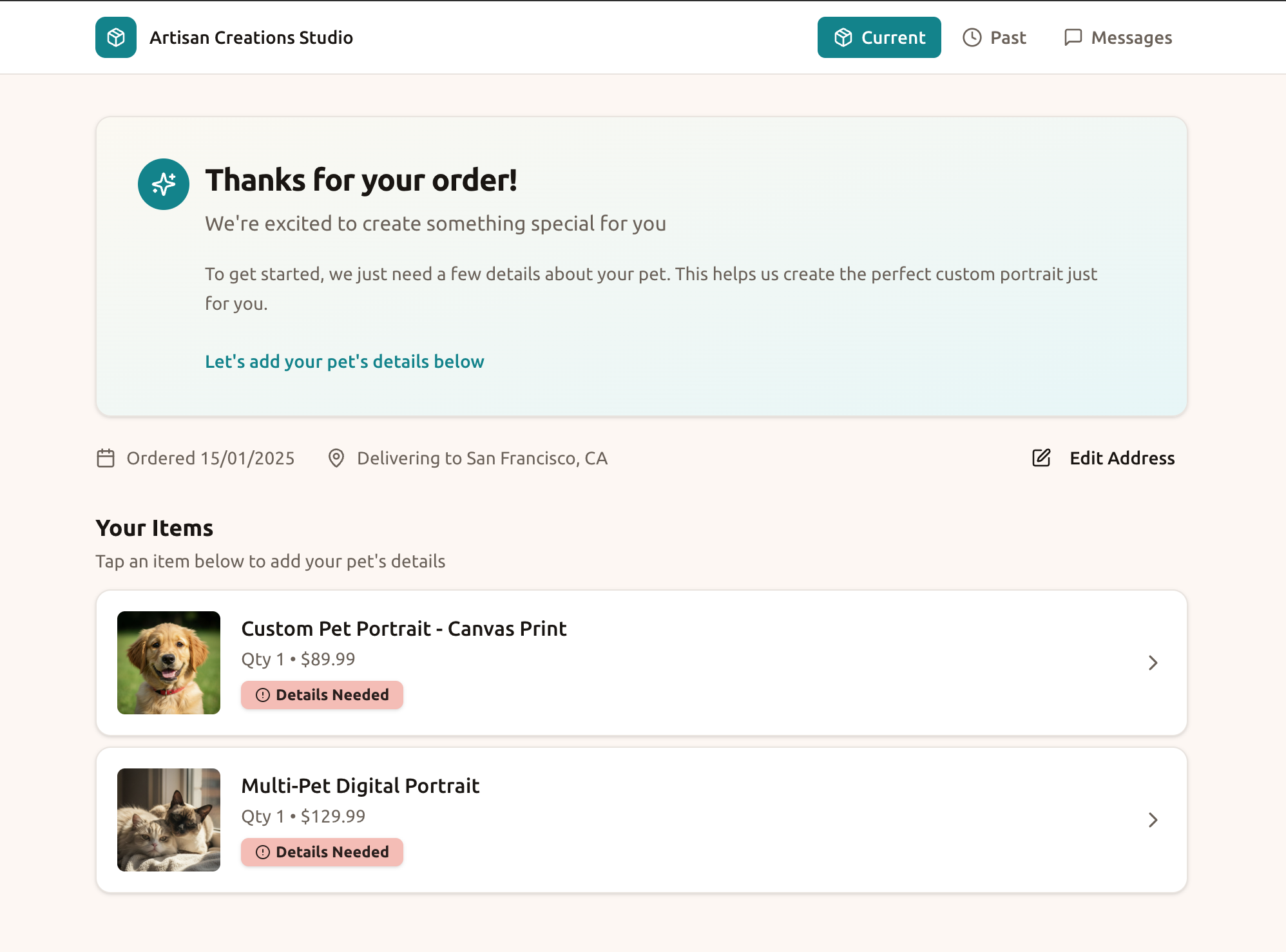 Customer portal showing order overview with items requiring personalization details